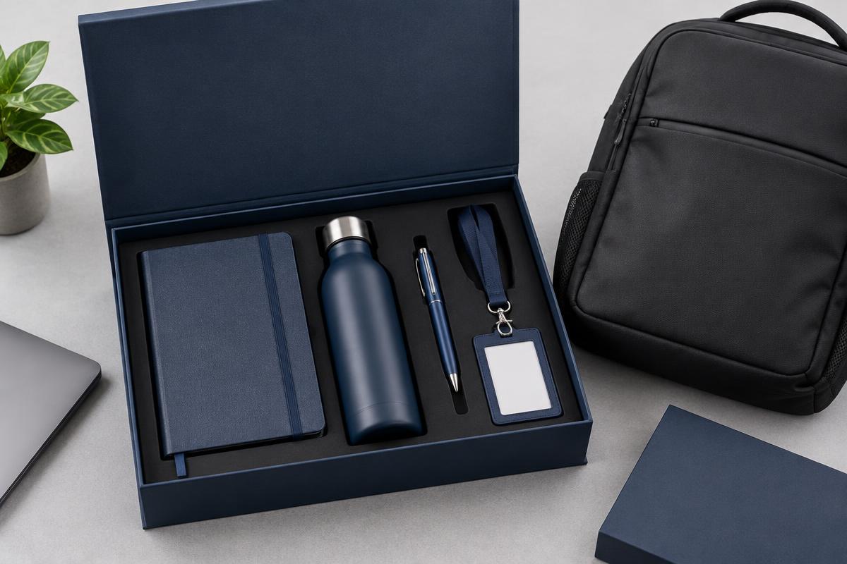 Employee welcome kit with bottle, notebook, pen, lanyard and backpack